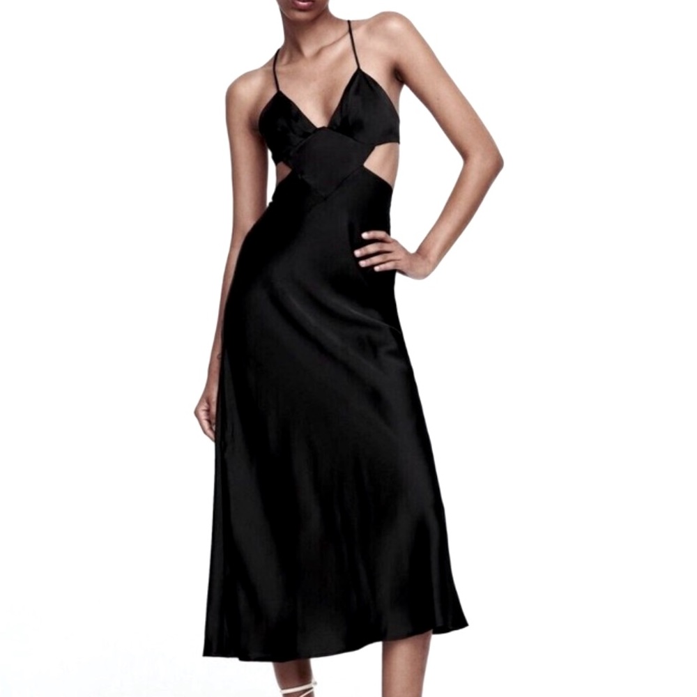 NWT. Zara Black Satin Effect Cut-Out Midi Dress